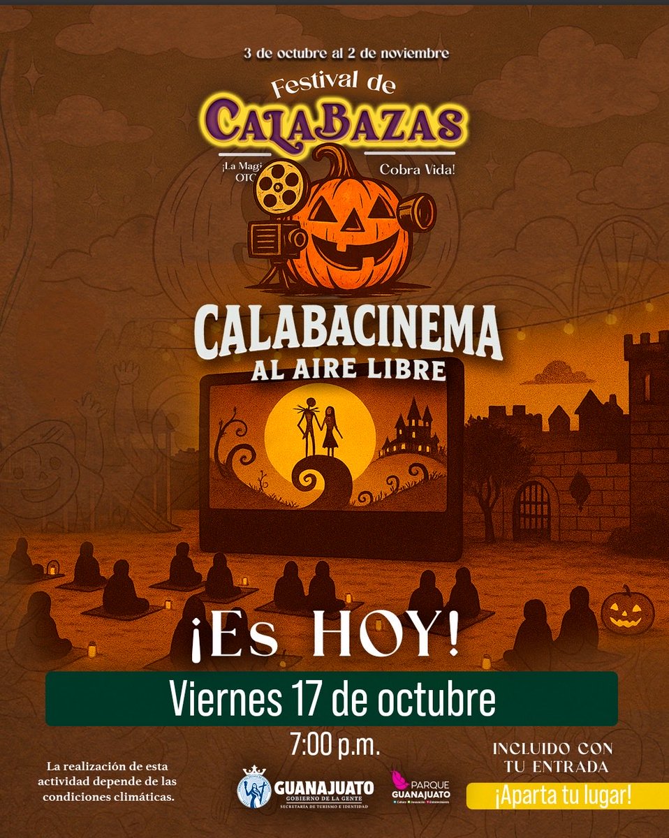 🎬 ¡Es hoy! Noche de Calabacinema para toda la familia.

Disfruta el cine al aire libre del Festival de Calabazas desde las 7:00 p.m.; llega con tiempo para apartar buen lugar. Trae tu tippie, manta o banquitos, abrígate bien y vive una peli bajo las estrellas.