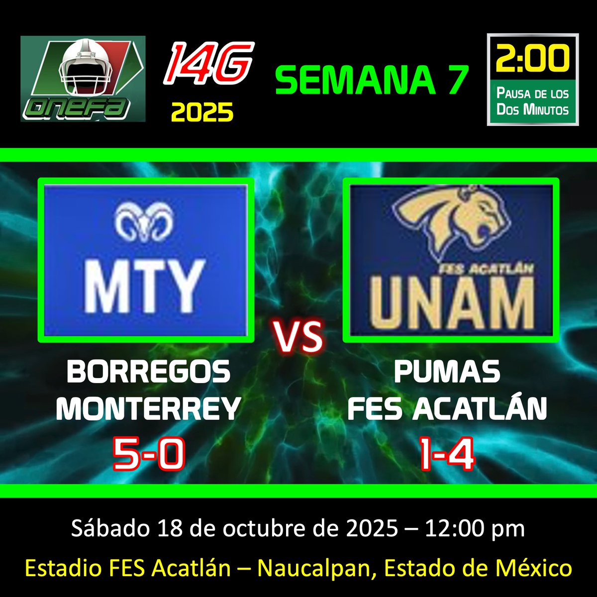 pausa2minutos's tweet photo. 🏈📅ONEFA 2025, SEMANA 7
@BorregosMty en @PumasAcatlan
@OnefaOficial @borregostec @TecdeMonterrey @FES_ACATLAN @DeporteUNAM @UNAM_MX
#ONEFA #ONEFA2025 #BorregosMonterrey #BorregosTec #TecdeMonterrey #BorregosenONEFA #PumasAcatlan #DeAcaSomos #DeporteUNAM #UNAM #ONEFAenP2M https://t.co/FTEL4sE9vh