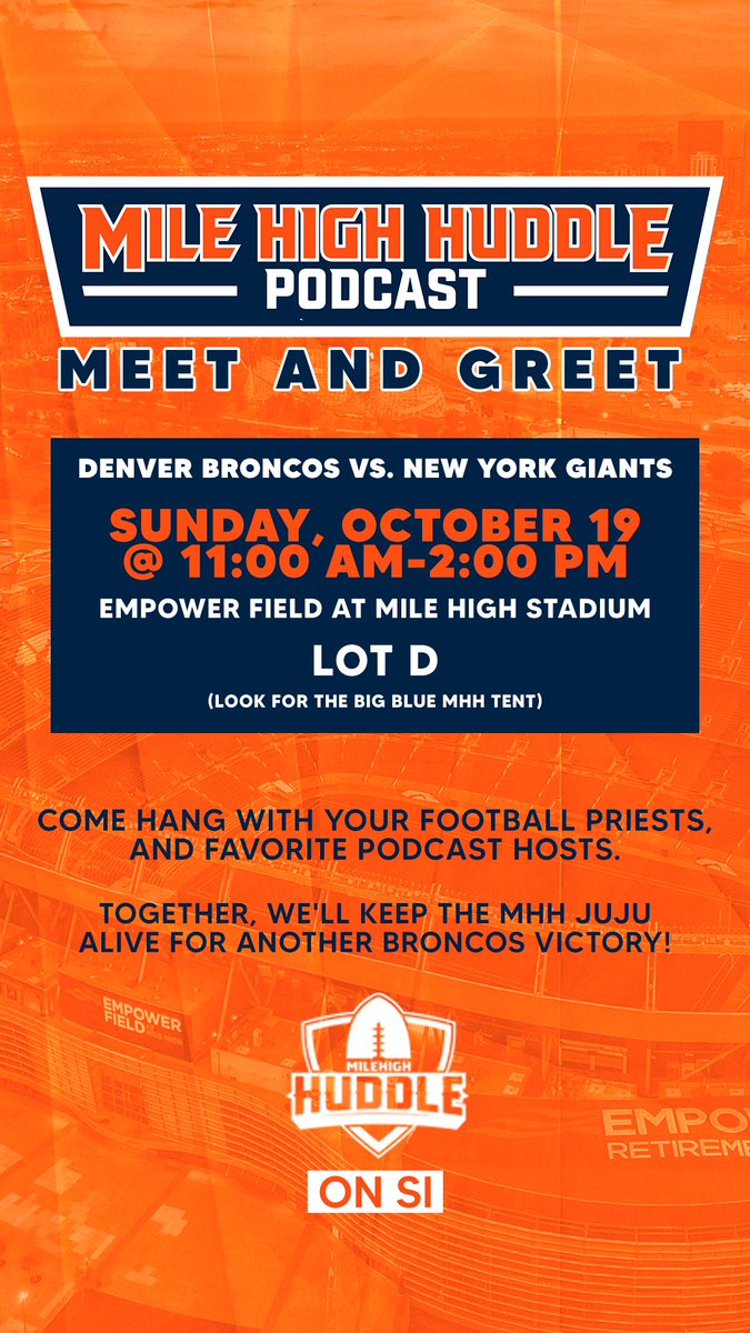 Denver Broncos On SI (@broncosonscout) on Twitter photo The <a href="/MileHighHuddle/">Mile High Huddle</a> Meet & Greet is on Sunday ahead of the #Broncos' Week 7 tilt vs. the Giants! No tailgate tickets required! The <a href="/MileHighHuddle/">Mile High Huddle</a> Meet & Greet is on Sunday ahead of the #Broncos' Week 7 tilt vs. the Giants! No tailgate tickets required!