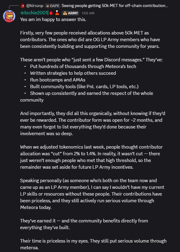 Feeling seen in <a href="/MeteoraAG/">Meteora</a> discord today. 

We worked, made mistakes, thrived sometimes, and had more ups than downs. Most of all, helping build more equal financial opportunity on the Internet for ALL inspired us. Thanks <a href="/lochiejarvis201/">Lochie</a>