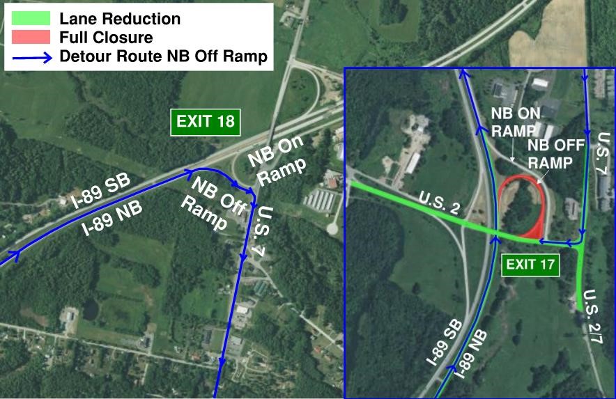 🚧 TRAFFIC ALERT: I-89 Exit 17 NB off-ramp will be closed Sun, Oct 19 (7 PM–6 AM) for paving. Work may continue Mon night (7 PM–6 AM).

Detour: Use Exit 18 → right on US 7 → south to Chimney Corner (US 2/US 7).
Exit 16 remains open but under construction.