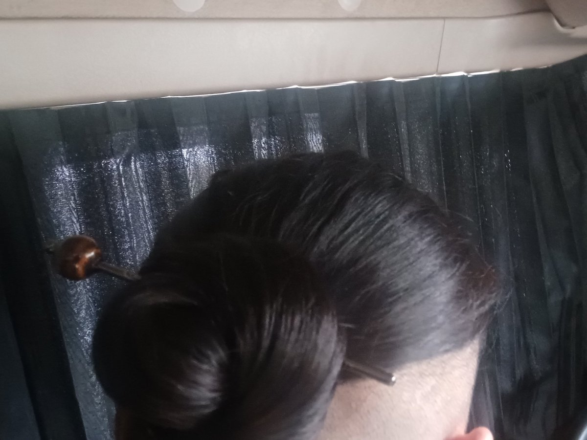 いや、撮るのムズいな！
こちら牛骨の白蛇かんざしとタイガーアイのかんざしになっております！
(収まりきってないアホ毛たちはこの後無事収まりました)