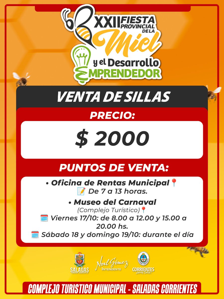 fiestadelamiel's tweet photo. No te olvides de adquirir tus entradas y sillas 👌📝

Con precios realmente módicos para la familia y todos los turistas, se venden las entradas anticipadas (hasta hoy) y durante el finde a costos de boletería. También, reserva tu lugar 🪑 para disfrutar de la gran fiesta 🙌 https://t.co/RcEVVJEKmL