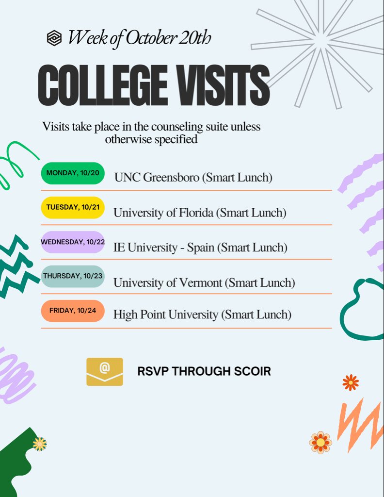 MAVSCounseling's tweet photo. COLLEGE VISITS FOR THE WEEK OF 10/20. Interested in talking with an admissions rep from one of these schools? RSVP through Scoir! 💻 https://t.co/DXVJleyY8d