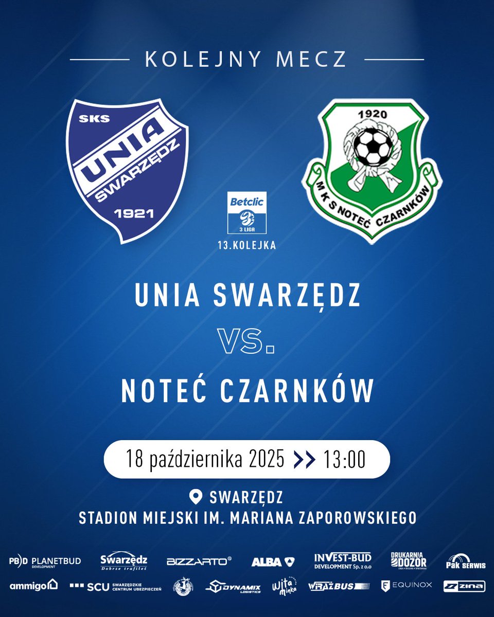 🔭 𝗞𝗢𝗟𝗘𝗝𝗡𝗬 𝗠𝗘𝗖𝗭 ⚽️

Tym razem gramy u siebie! 🔵⚪
W sobotę, 18 października o godz. 13:00, Unia Swarzędz podejmie na własnym stadionie zespół Noteć Czarnków.
Liczymy na Wasze wsparcie z trybun - razem po kolejne punkty! 💪🏼

📍 Stadion Miejski im. Mariana Zaporowskiego