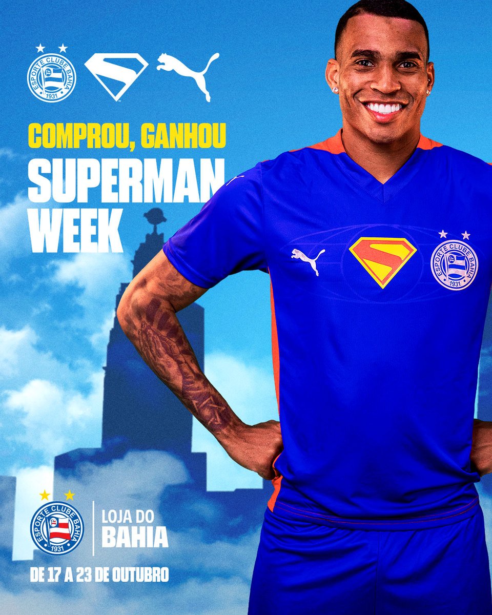 ecbahia's tweet photo. 🦸♂️ O Superman chegou ao streaming da HBO Max e traz benefícios pra você.
De 17 a 23 de outubro, vai rolar a #SupermanWeek, com benefícios exclusivos na compra da camisa Bahia | Superman:
💙 Sócio Esquadrão: 20% OFF na camisa
📺 1 mês grátis de TV Bahêa+
🎁 Até 30% de desconto no Mundo Bahia (somente nos produtos da home)
⭐ Experiências únicas na inauguração da nova Loja Conceito
👉 Camisa à venda na Loja do Bahia.
#BBMP #supermanweek #hbomax