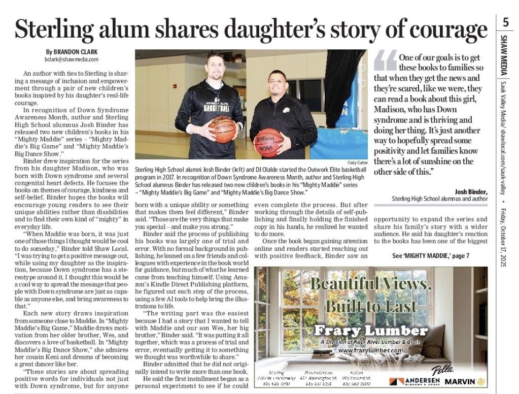 JLBinder's tweet photo. Big thanks to Shaw Media and Brandon Clark for highlighting our Mighty Maddie series!

Grateful to share a message of courage, kindness, compassion towards others, and believing in yourself. 💪 @OutworkElite @saukvalley 

#Outworkfam #MightyMaddie #downsyndromeawarenessmonth https://t.co/KEFftWjrmR