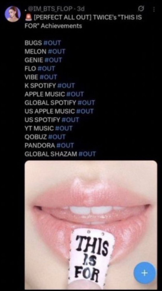 WestwoodFlower's tweet photo. Ceremony: 3.4M debut streams, hot 100 #52, spotify global #27, spotify USA #49
Twice khias this is flop: NO ENTRY to hot 100, NO ENTRY to bubbling under hot 100, NO ENTRY to Spotify USA, spotify global #114 peak ππ, OUT of all charts and #NeverIn π€£π
Twice tanked π https://t.co/cZAjxT0Iwg