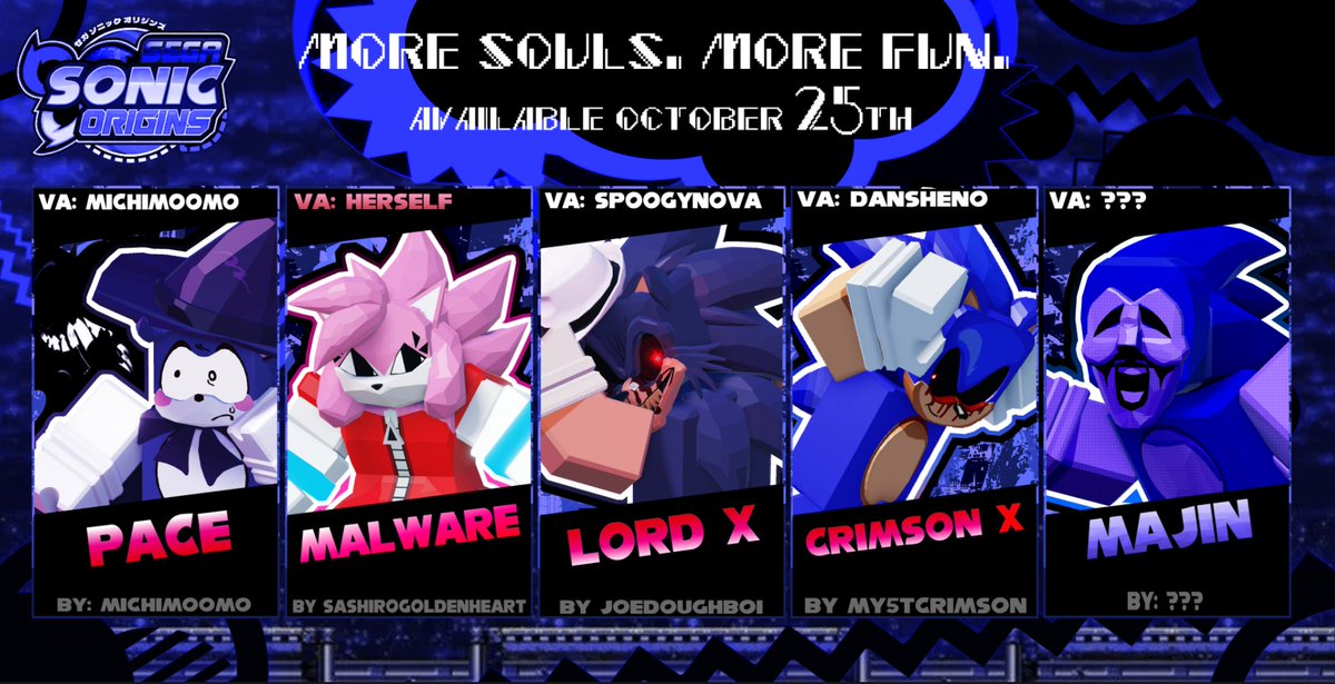 ssoriginsRBX's tweet image. MORE SOULS. MORE FUN.🎃
Revealing the last but not least playable cosmetics for the halloween event in segasonic origins!
Check the update out on October 25th!!
#segasonicorigins #execommunity #SonicTheHedgehog 
More information on the graphic below!