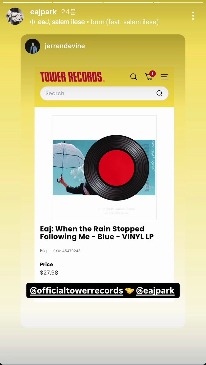 myfavoriteonlyu's tweet photo. 👀 251018 eajpark &amp; jerrendevine IG story

<Tower Records 에서 공식 판매!>

when the rain stopped following me LP &amp; CD   +  Jentry Chau LP

🔗 https://t.co/Im6DMdbCn9
타워레코드 미국에선 폐업하고 일본에만 있는거 몰랐 https://t.co/5aATmhdUES