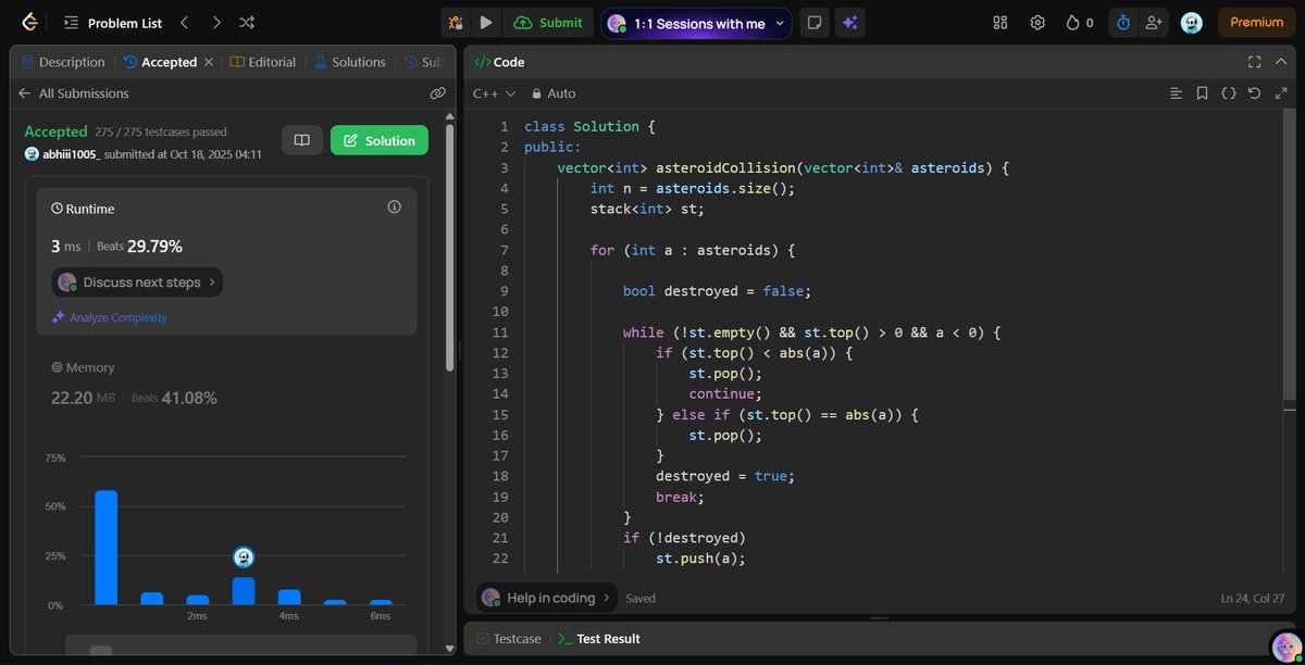 Abhishek1005_'s tweet image. Day 77 of #LCdaily
Solved Asteroid Collision — finally got it working after multiple failed logic attempts
Used stack to simulate collisions between moving asteroids.
TC: O(n), SC: O(n)
Took too long today, unproductive overall
#LeetCode #DSA #100DaysOfCode #Striver