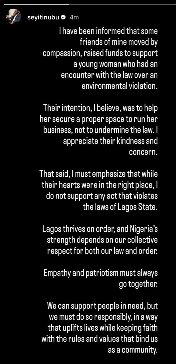 FLASH: Son of the President, Seyi Tinubu <a href="/STinubu/">Seyi Tinubu</a> debunks the N20m gift to the lady that was arrested while cooking on the road/median by KAI officials around Lekki. 

Mr Tinubu says “Lagos thrives on order” and he will never support acts that violate the Laws of Lagos State.