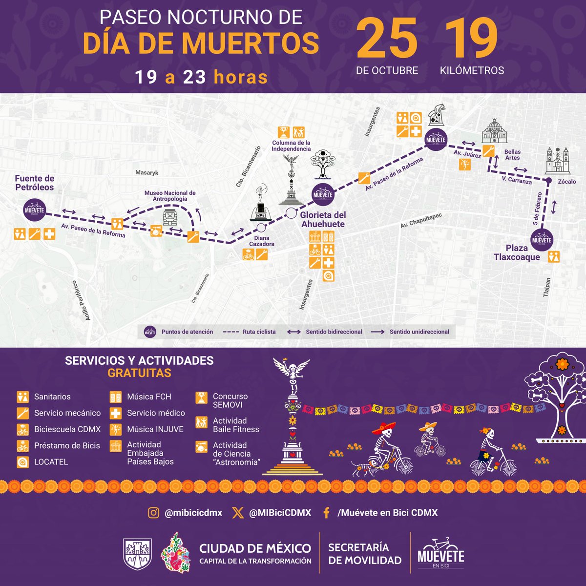 ✨ Esta es la ruta para el #PaseoNocturno ¡19 km de magia, disfraces y muchas bicis! Recuerda que tenemos una cita el 25 de octubre  🚴‍♀️🏵