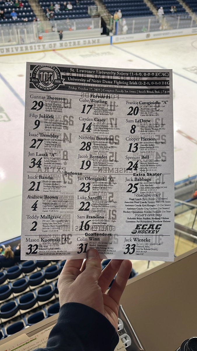 Game 2 at Compton! Some changes on either side:

ND - Schermerhorn out, Davis in.
SLU - Lammens, Svartstrom, Kopecky out. Mallgrave, Lysak, Bernadet in. 

Back on the call with Joseph Tunney and Ethan Laslo on wvfi.nd.edu at 7p!