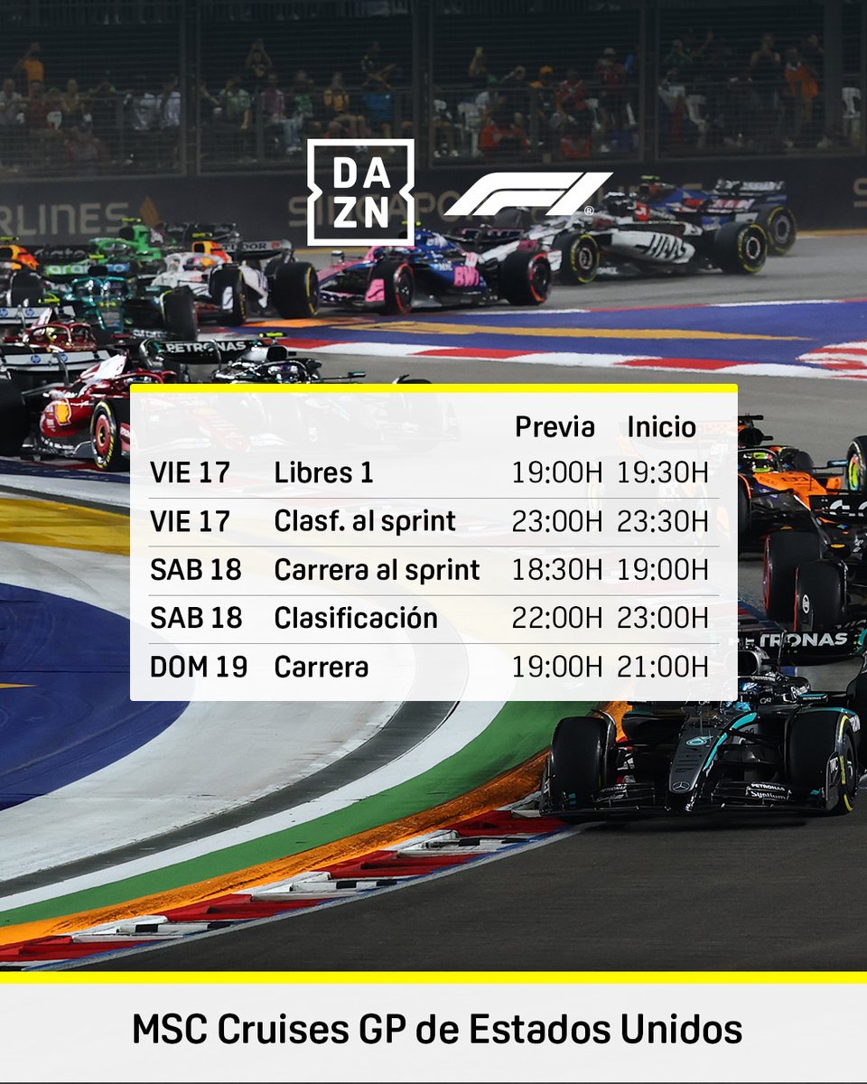 📝 Si hay algún despistado aquí van los horarios de esta decimonovena carrera de la temporada de Formula 1 2025 # GRAN PREMIO DE LAS AMÉRICAS (Austin Texas) #USGP  #USADAZNF1🇺🇸