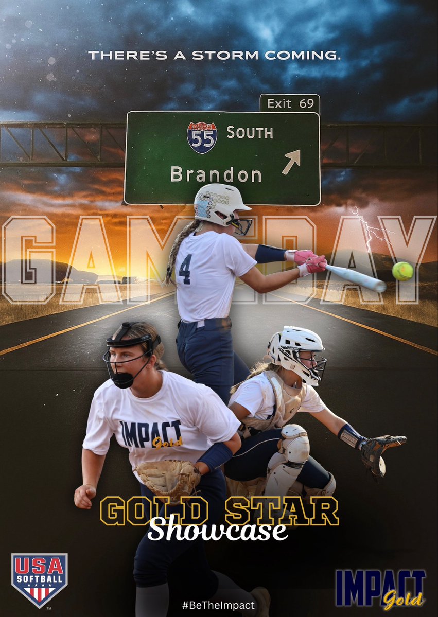 Rise and Grind!  We’re on the road to compete at the Gold Star Showcase in Brandon!
Game times ⏰ 9AM | 3PM | 5PM
#ImpactGold #GoldStarShowcase #Softball #BeTheImpact
