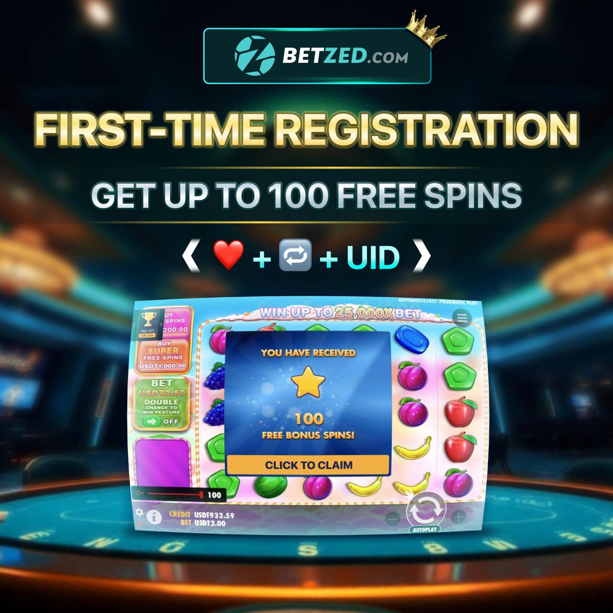 🎁First-time registration - Get up to 100 Free Spins 

Already on BetZed? 
Receive Free Spins by ❤️ + 🔁 + UID