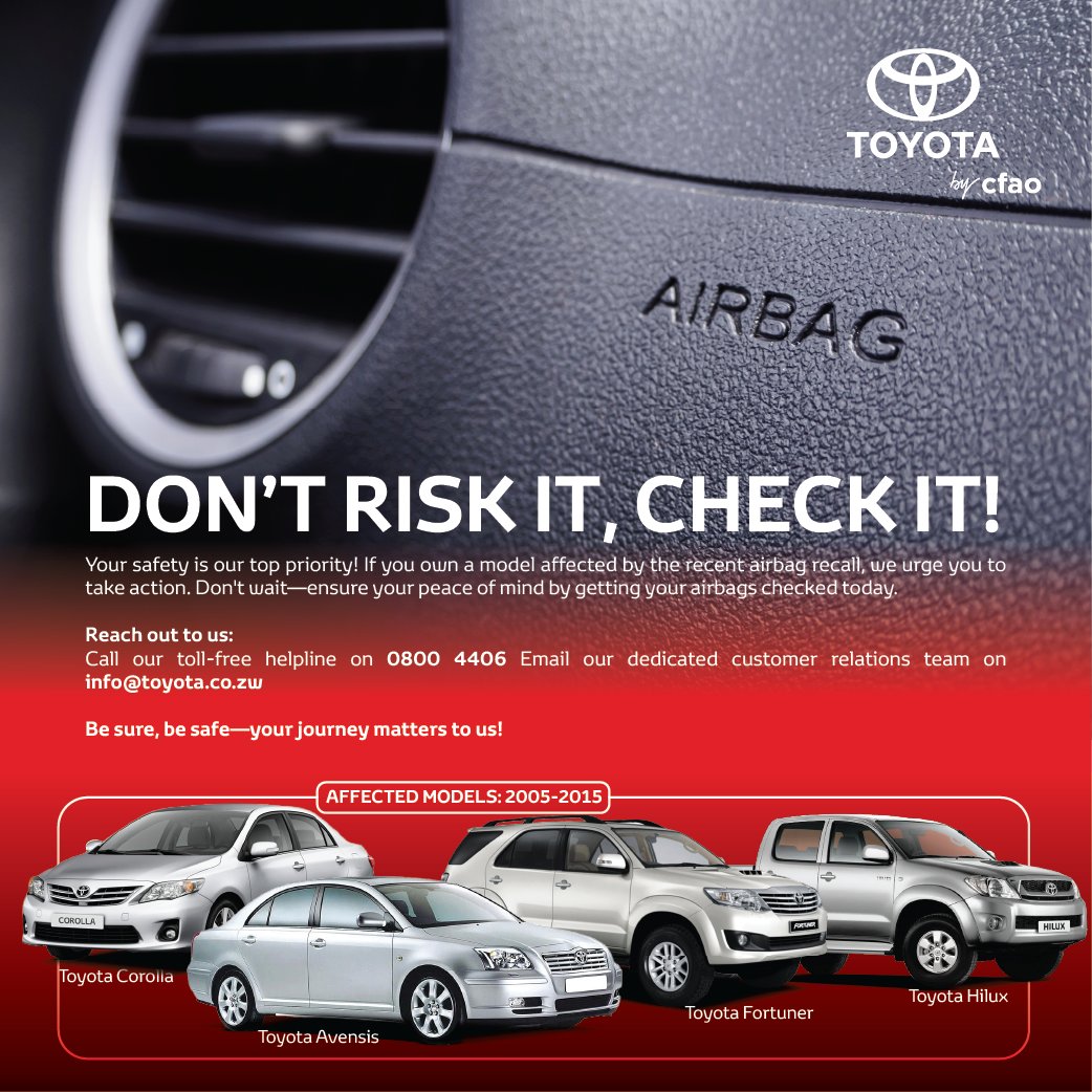 ToyotabyCfaoZim's tweet image. If you own a Hilux, Fortuner, Avensis or Corolla manufactured between 2005 to 2018 contact us on 08677067067 or send a WhatsApp 0772149065 to book your airbag check.