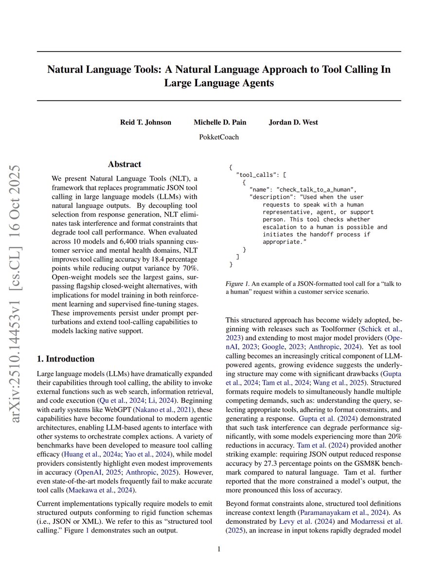 PokketCoach's tweet image. Happy to announce our first paper: Natural Language Tools.
We improve tool-call accuracy in Large Language Models by more than 18 percentage points while reducing variance by more than 70%. We achieve this by switching from programmatic schemas to natural language.
Thread: