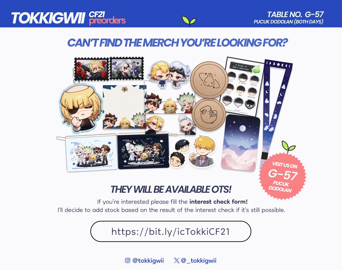 Hi i'm opening a super quick #cf21 po! Will close on 21st Oct, 9AM🙏
bit.ly/TokkigwiiCF21

Not all items are available but if you'd like to get them OTS i also have an interest check, might add stock based on results!
bit.ly/icTokkiCF21