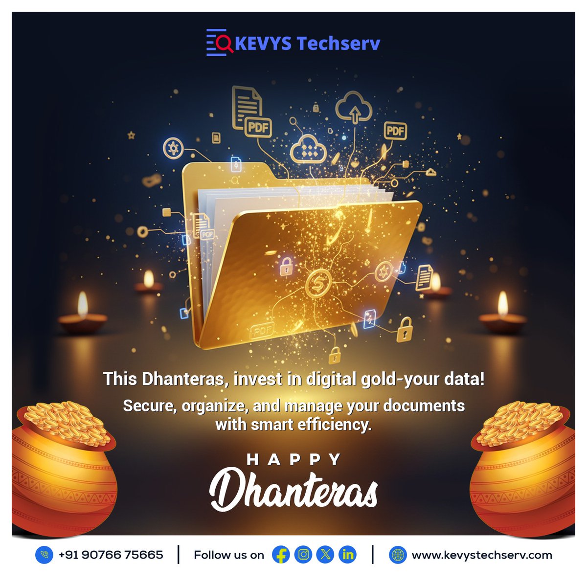 KevysTechserv's tweet photo. This Dhanteras, while you invest in prosperity, don’t forget the real wealth — your information.
Transform paper piles into digital assets with our advanced Document Management Solutions.
Happy Dhanteras

#HappyDhanteras #DigitalGold #DocumentManagement #DataSecurity https://t.co/K6RYvaHhMY