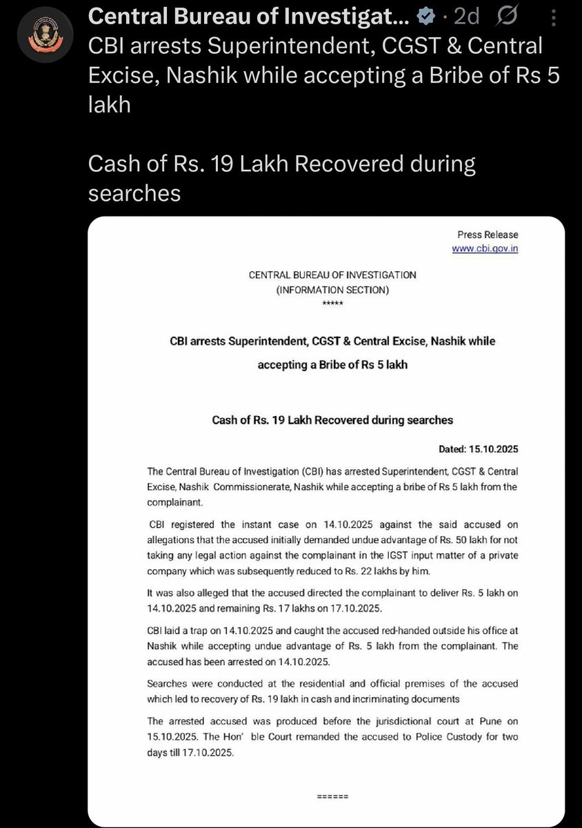 From big fishes to the small, the CBI has been, on a daily basis, catching up with the corrupt in our system in all state and central govt depts without difference.

This seems to be a new war on corruption by babus from Modi govt, probably ordered by HM himself. And everyone