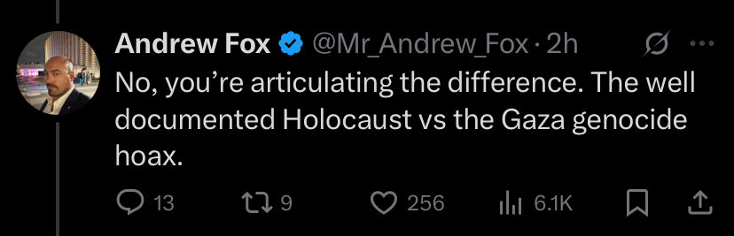 Andrew Fox is a genocide denier and should have no place as a spokesman for any part of our club. If he really supported Aston Villa he would embrace our multicultural history and relentless fight against fascism. Instead he parades around in our colours for cheap clicks