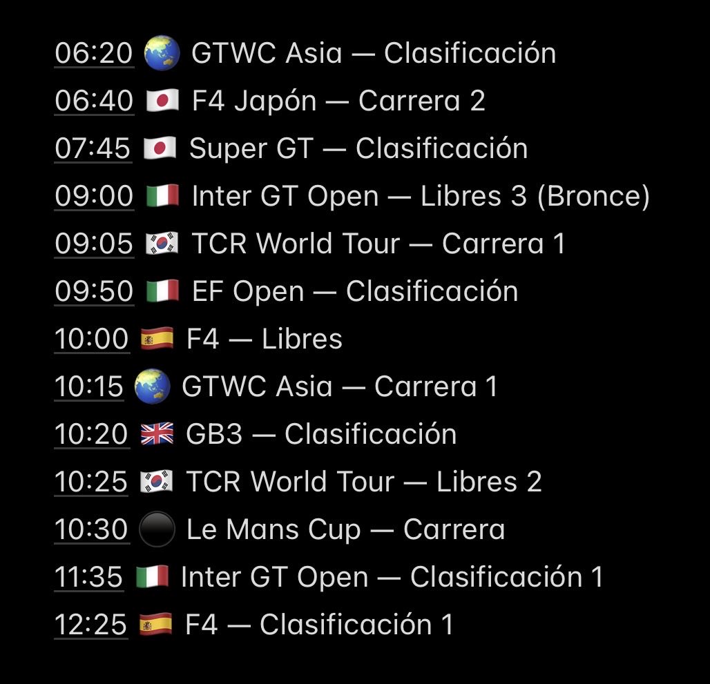 molinajorget's tweet photo. 📅 Sábado 18 de octubre — Lo más destacado del día 🟦
#GTWCA #SuperGT #TCRWorldTour #EuroformulaOpen #GB3 #F4Japon #F4España #F4US #JSF4 #LeMansCup #ELMS #FRAmerica #GTWCAmerica #NASCAR #F1 #Motorsport #Racing https://t.co/GdUoridLua