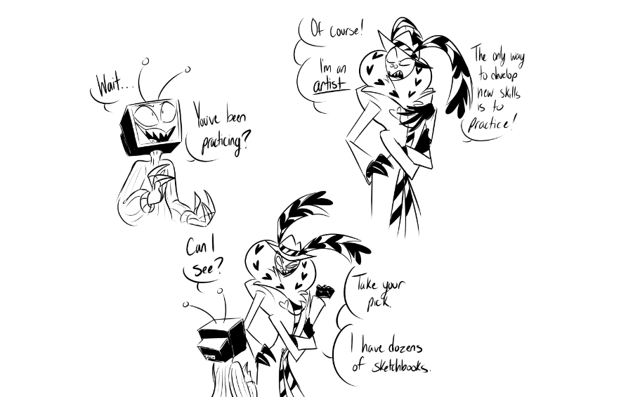 MooMooofDoom's tweet photo. Outlets AU freebie!  This is maybe part 11-ish?

#HazbinHotel #HazbinHotelVox #HazbinHotelValentino #Staticmoth https://t.co/yl6D8btFHj
