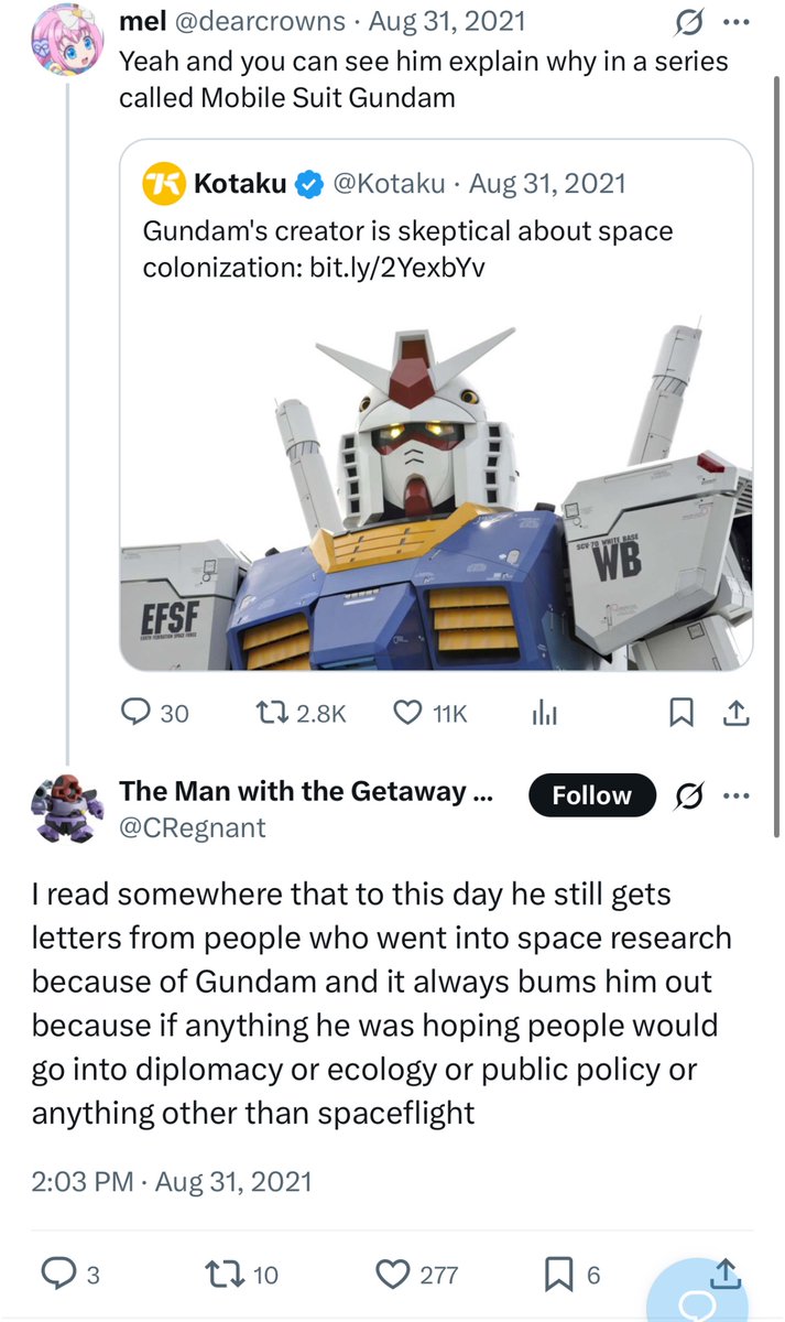 mikusingularity's tweet image. Imagine making a franchise with the intended message being “space colonization is bad,” but it ends up encouraging people to get into spaceflight instead.
