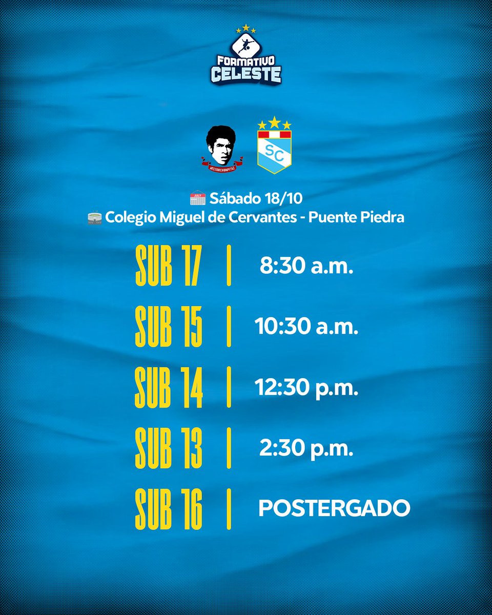 🏆 𝐓𝐨𝐫𝐧𝐞𝐨 𝐄́𝐥𝐢𝐭𝐞 𝐅𝐞𝐝𝐞𝐫𝐚𝐜𝐢𝐨́𝐧 - 𝐅𝐞𝐜𝐡𝐚 𝟑𝟎

🗓️ 🎽 Los celestes visitan al conjunto de Chumpitaz por la trigésima fecha de la Copa Oro ⚽️

🆚 Hector Chumpitaz
🏟 Colegio Miguel de Cervantes

¡𝗩𝗮𝗺𝗼𝘀 𝗖𝗲𝗹𝗲𝘀𝘁𝗲𝘀!💪🏼
¡𝗙𝘂𝗲𝗿𝘇𝗮 𝗖𝗿𝗶𝘀𝘁𝗮𝗹!💙