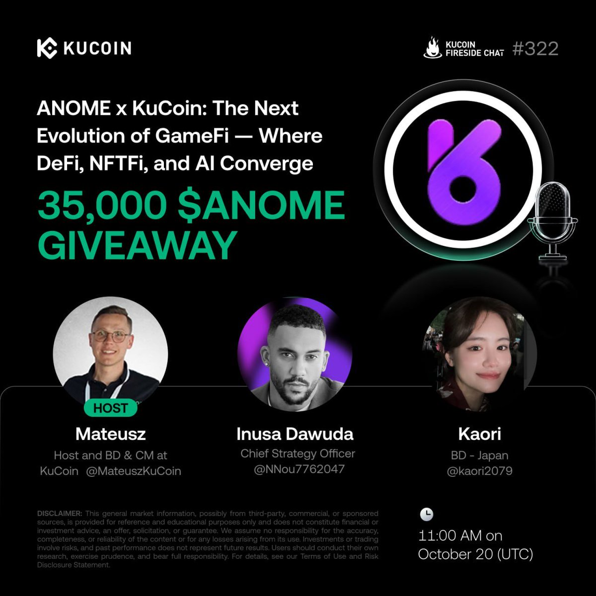 🎙️ Join our #KuCoinFireSideChat with $ANOME and learn how ANOME is changing the GameFi landscape — where DeFi, NFTFi, and AI collide! 

🎁 35,000 ANOME to win! 

1. Follow <a href="/kucoincom/">KuCoin</a>, <a href="/BC_KuCoin/">BC Wong</a> &amp; <a href="/Anome_Official/">ANOME Protocol</a> 
2. Join the space: x.com/i/spaces/1yoKM… 
3. Complete Gleam