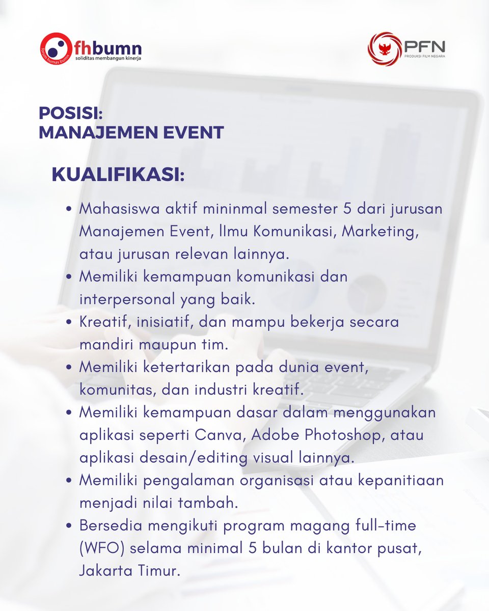 ForHumBUMN's tweet image. Bagi kamu yang berminat dengan lowongan manajemen event ini,
silakan mendaftar langsung melalui link:
magentaku.id/lowongan?posti…
Penutupan pendaftaran tanggal 24 Oktober 2025. Dengan durasi magang selama 5 bulan di Kantor PFN Jakarta Timur.
#ManajemenEvent #LowonganMagangBUMN