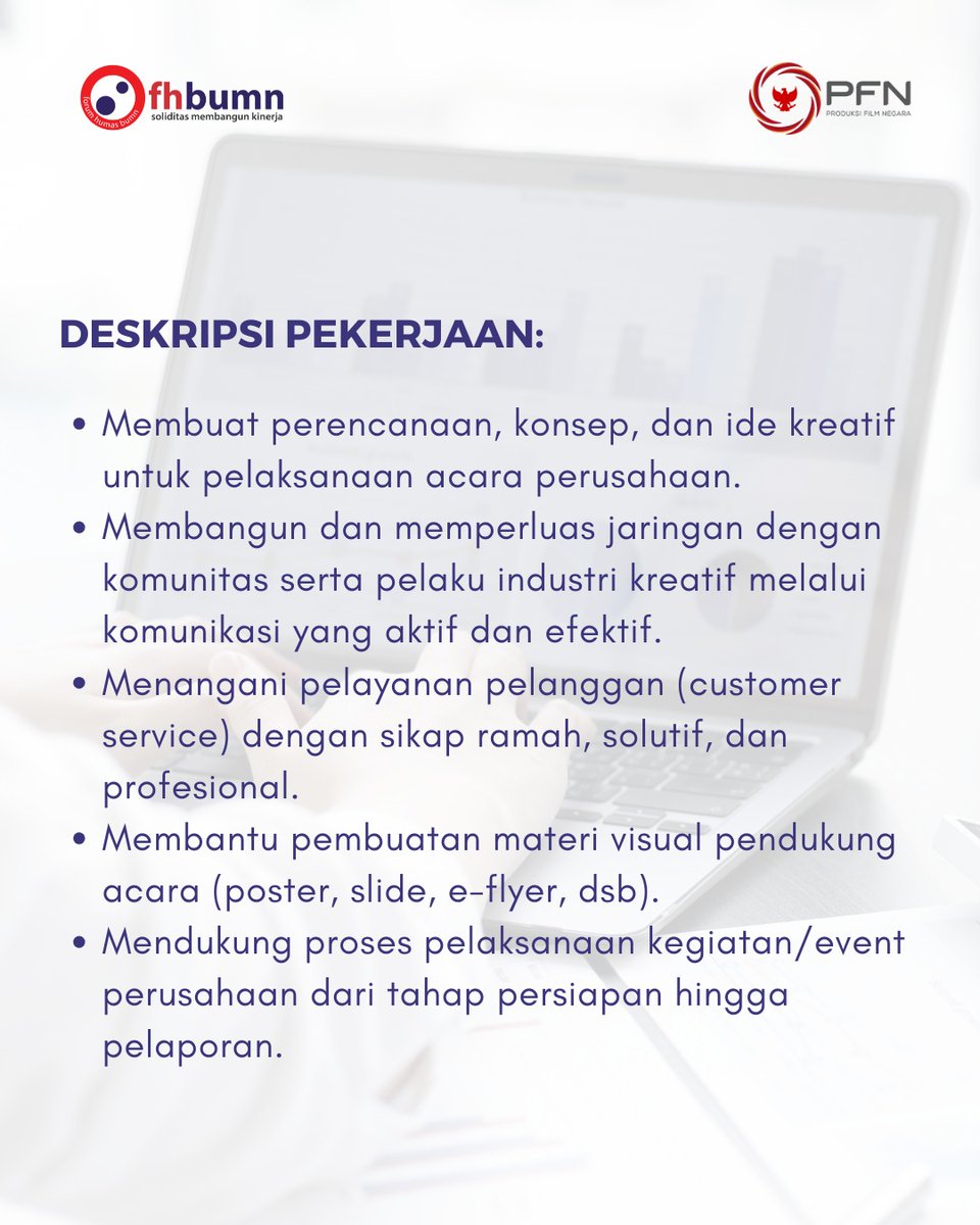 ForHumBUMN's tweet image. Bagi kamu yang berminat dengan lowongan manajemen event ini,
silakan mendaftar langsung melalui link:
magentaku.id/lowongan?posti…
Penutupan pendaftaran tanggal 24 Oktober 2025. Dengan durasi magang selama 5 bulan di Kantor PFN Jakarta Timur.
#ManajemenEvent #LowonganMagangBUMN