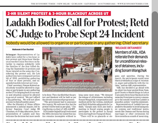 Section 163 of BNS prohibiting any gathering imposed in #Leh and #Kargil as Apex Body Leh and Kargil Democratic Alliance had called for 2 hour long peaceful silent protest in both the towns and blocks &amp; 3 hour blackout in the evening. 

m.economictimes.com/news/india/lad…

#ladakhprotests