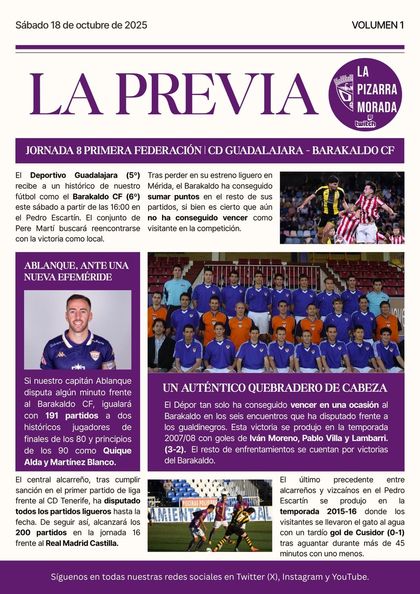 ¡Hoy es día de Dépor!

Lanzamos #LaPrevia con todo los datos más importantes del encuentro de hoy entre <a href="/deporguada/">C.D. Guadalajara 🟣⚪️</a> y <a href="/BarakaldoCF/">Barakaldo C.F.</a> 

Nos enfrentamos a una verdadero quebradero de cabeza, pero siempre con la confianza de sacar los tres puntos ante la afición alcarreña.