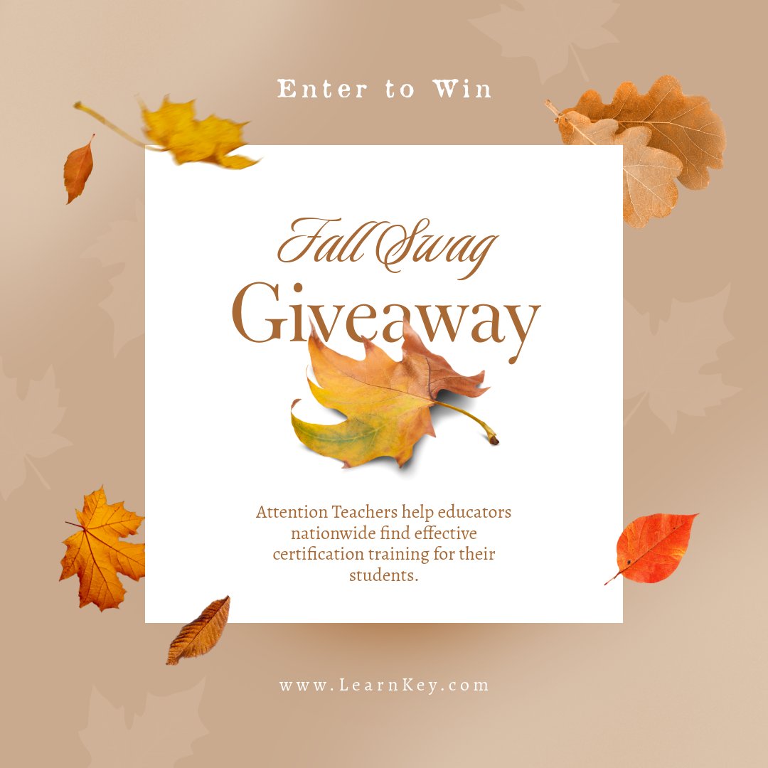 LearnKey's tweet image. 🏆 Teachers, We Need You!
🍂 LearnKey Fall Swag Giveaway is Now Live! 🍂
Enter Here:  tiny.cc/xeat001 
Thank you for being part of the LearnKey education community! 👉 Contact us: learn@learnkey.com | 800-865-0165 #LearnKey #CertificationCourses #Education