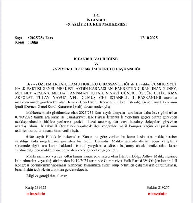 🔴 İstanbul 45. Asliye Hukuk Mahkemesi, 19 Ekim'de yapılacak CHP İstanbul Olağan İl Kongresi'nin durdurulması için YSK'ya yazı yazdı.

📍YSK, bugün saat 14.00'te olağanüstü toplantı kararı aldı.

#Bist100