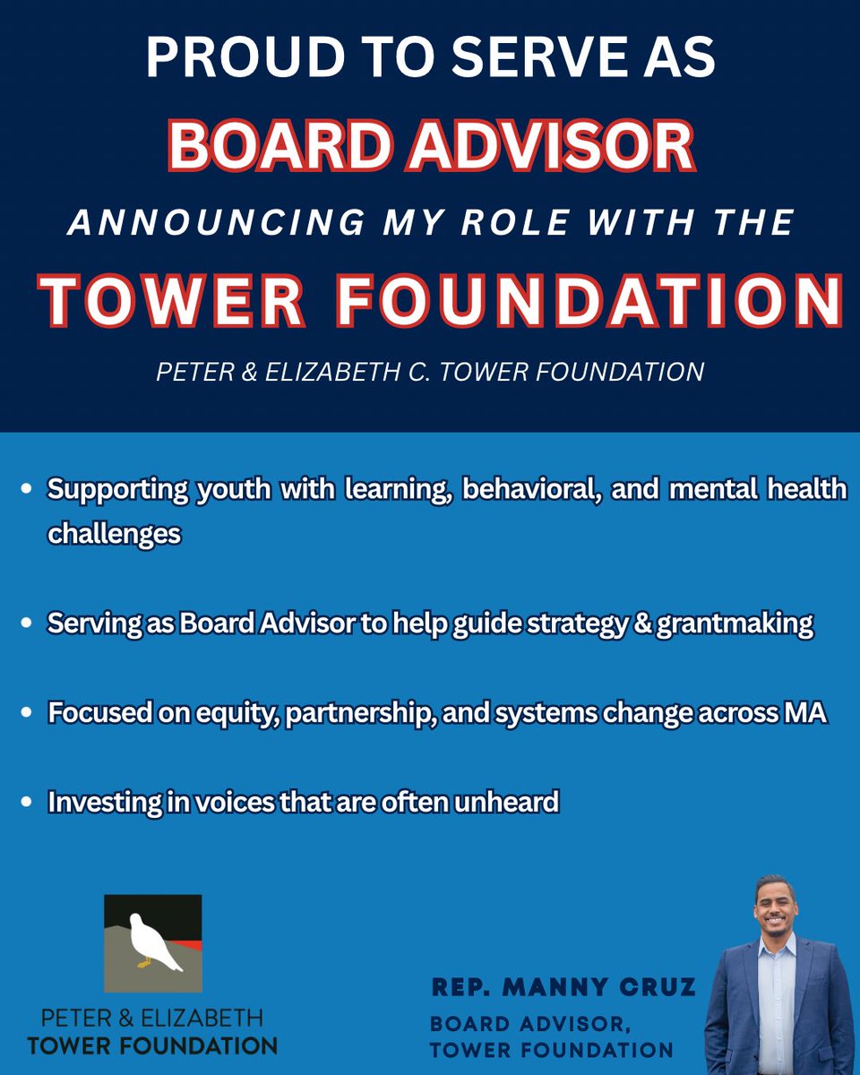 Manny Cruz (@mannycruz_ma) on Twitter photo 🚨 Announcement 🚨
I am thrilled to announce that I have been appointed to serve as a Board Advisor for the Peter and Elizabeth Tower Foundation this fall. The Tower Foundation focused on improving the lives of children, adolescents, and young adults and tackling the systemic 🚨 Announcement 🚨
I am thrilled to announce that I have been appointed to serve as a Board Advisor for the Peter and Elizabeth Tower Foundation this fall. The Tower Foundation focused on improving the lives of children, adolescents, and young adults and tackling the systemic