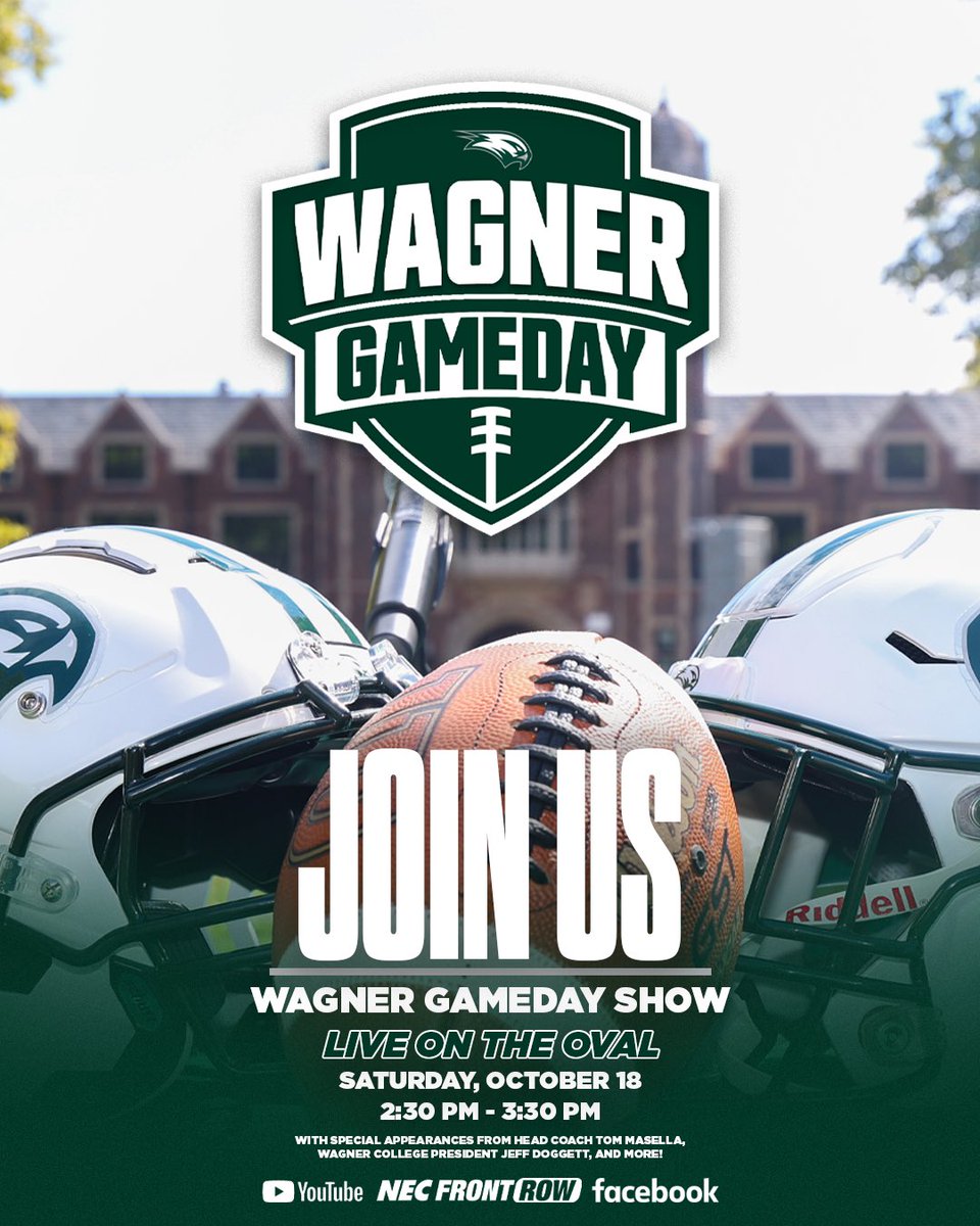 Join us 𝙇𝙞𝙫𝙚 𝙊𝙣 𝙏𝙝𝙚 𝙊𝙫𝙖𝙡 for the Wagner Gameday Show tomorrow at 2:30! 🏈🎙️

With special appearances from head coach Tom Masella, Wagner College President Jeff Dogget and more!

The show will also stream live on NEC Front Row, YouTube and Facebook.

#LetsFly