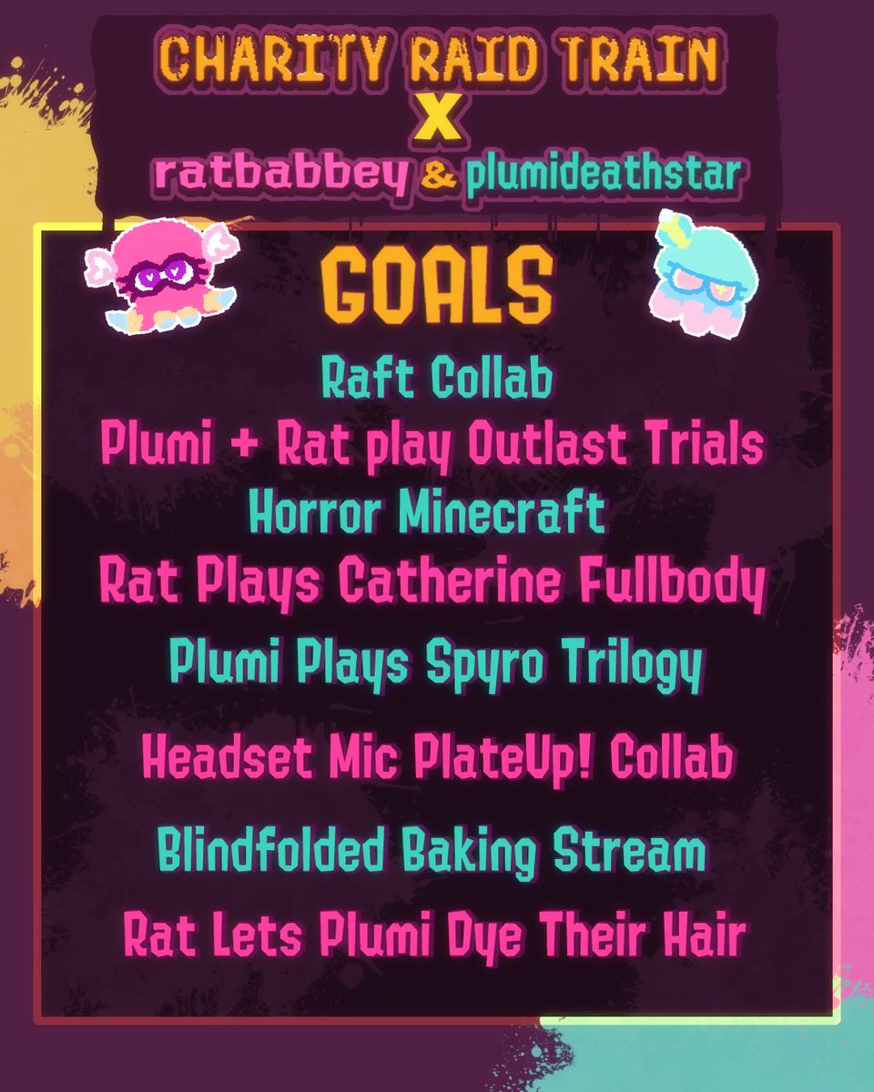 here are our base goals for the event!!!

our main goal is $400 &gt;:3