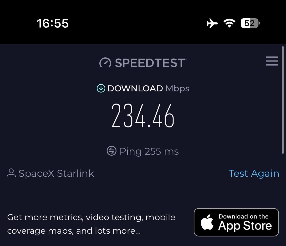 Parth Suba (@parthsuba77) on Twitter photo I just got connected to the Wi-Fi on <a href="/qatarairways/">Qatar Airways</a> and I’m still processing this
📶 234 Mbps at 27,000 ft, powered by <a href="/Starlink/">Starlink</a> 
Tested via <a href="/Speedtest/">Speedtest by Ookla</a> by Ookla.
Streaming, uploading, video calling—all seamless.
This isn’t just in-flight internet. This is future-flight I just got connected to the Wi-Fi on <a href="/qatarairways/">Qatar Airways</a> and I’m still processing this
📶 234 Mbps at 27,000 ft, powered by <a href="/Starlink/">Starlink</a> 
Tested via <a href="/Speedtest/">Speedtest by Ookla</a> by Ookla.
Streaming, uploading, video calling—all seamless.
This isn’t just in-flight internet. This is future-flight