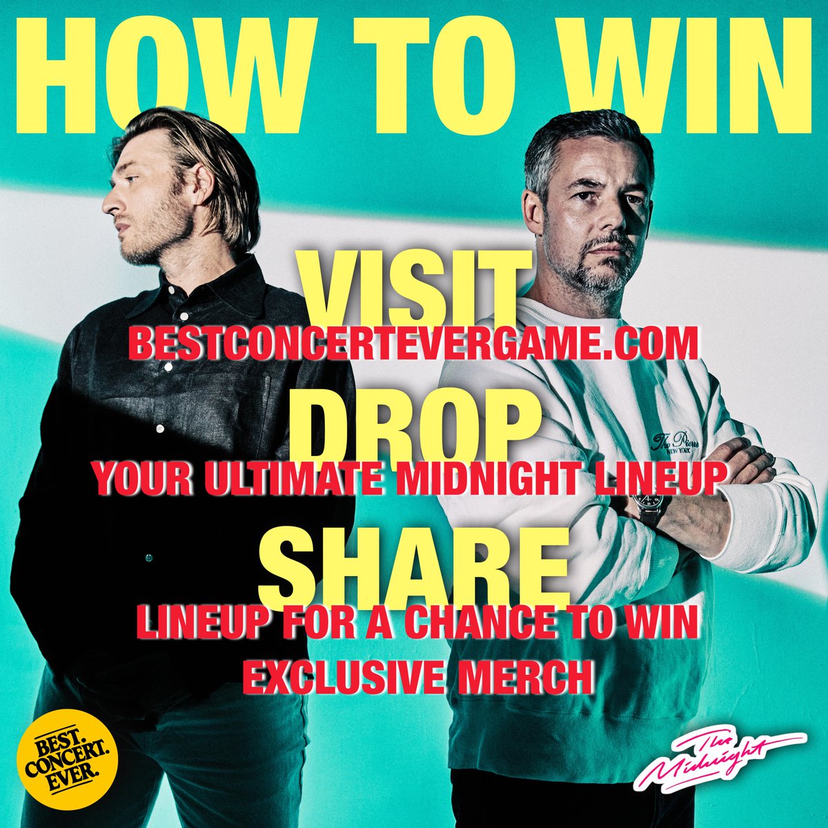 We’re taking over <a href="/bestconcertgame/">Best. Concert. Ever.</a> for the next 24 hours, where you can submit your ultimate Midnight lineup &amp; vote for your favorite one. The winner + a few others get free merch! Play the game at bestconcertevergame.com, share your lineup &amp; use #MyMidnightLineup to enter🎸