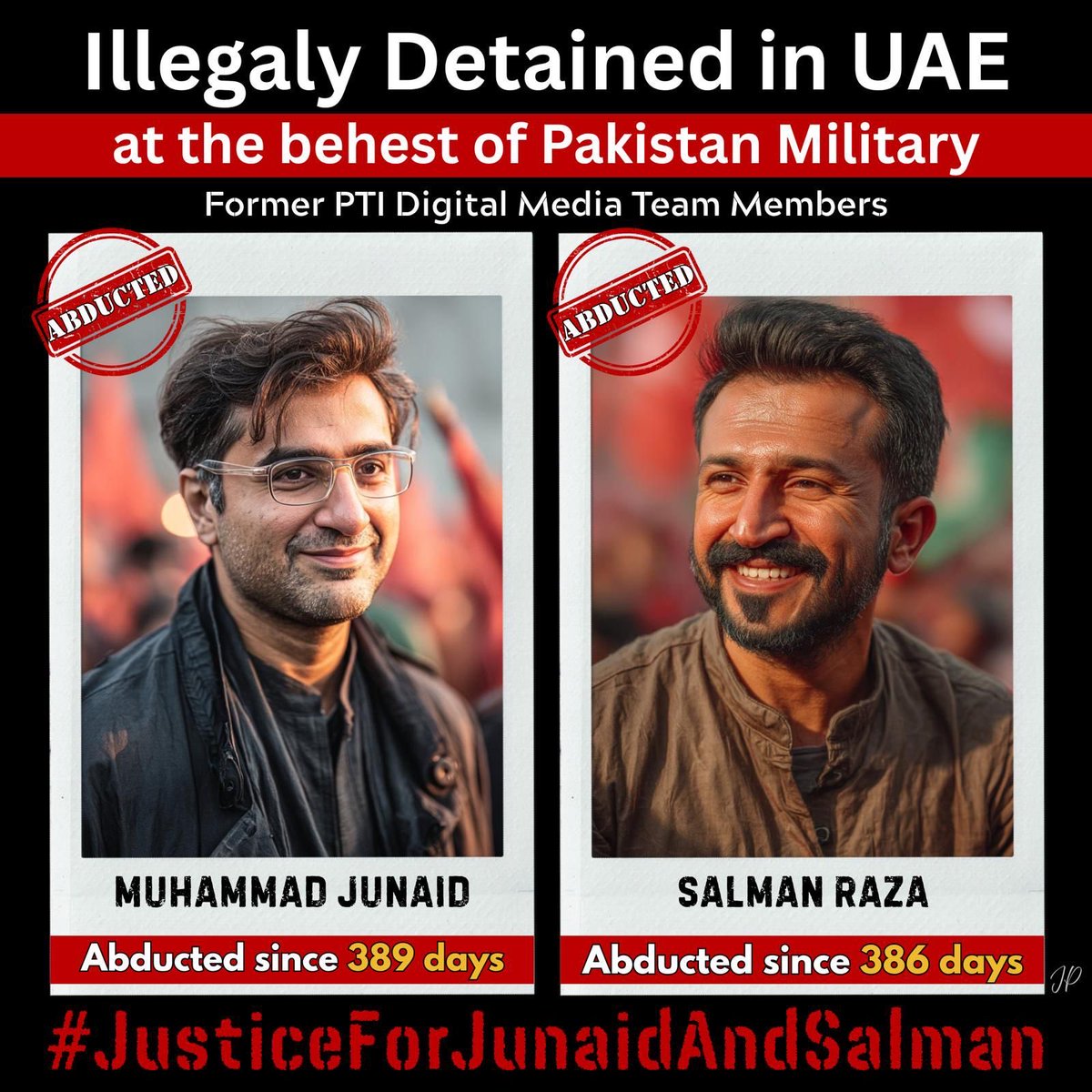 We urge @UAEEmbassyPK , <a href="/MohamedBinZayed/">محمد بن زايد</a> and @MoFAICUAE to review the unjust detention of Salman Raza and Junaid Jahangir, reportedly held at the behest of Pakistan’s ISI. Both men have no proven charges or fair trial. We request a transparent inquiry and their immediate release