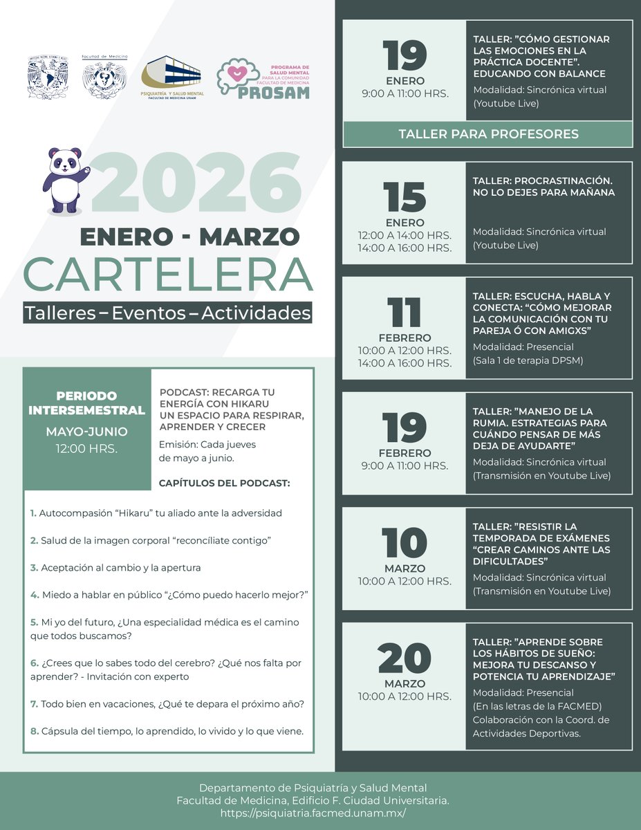 FacMedicinaUNAM's tweet photo. 📣 ¡Atención comunidad FacMed!
🧠#PROSAM FacMed #Cartelera 2025–2026 con actividades diseñadas para fortalecer tu salud mental y emocional.
✅ Talleres vivenciales
✅ Espacios de contención
✅ Actividades culturales y de autocuidado
@PsiquiatriaUNAM
#SaludMental #SomosFacMed https://t.co/pWQzNm5ySB