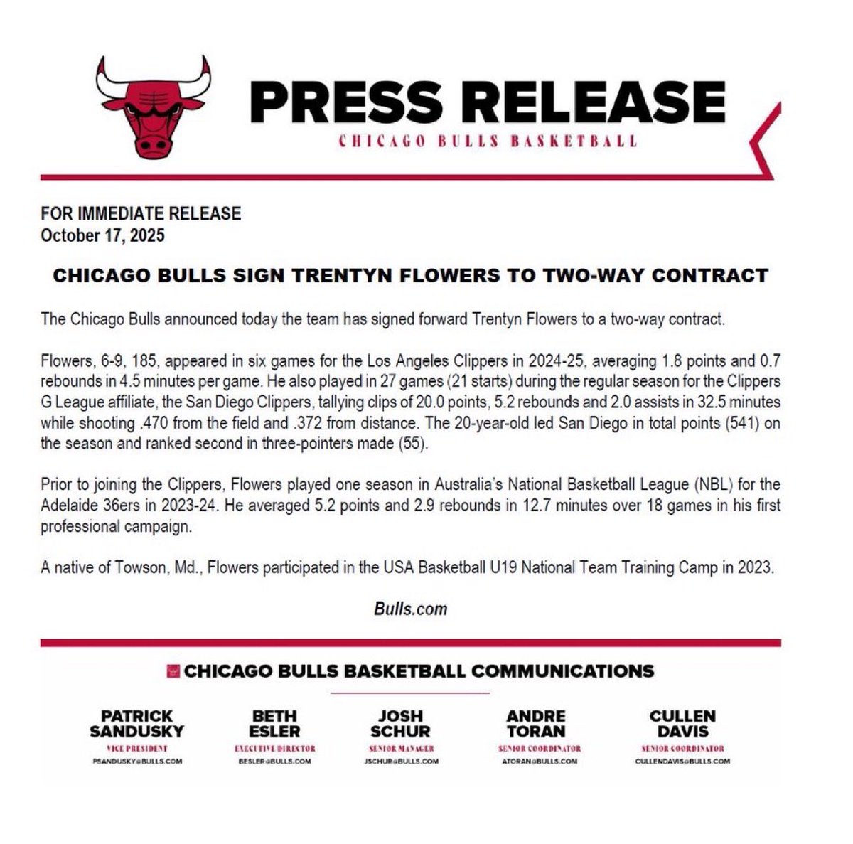 JoelXLorenzi's tweet photo. Bulls formally announce Trentyn Flowers filling the final two-way spot after Yuki Kawamura was waived earlier today. https://t.co/nf0SDThP7w