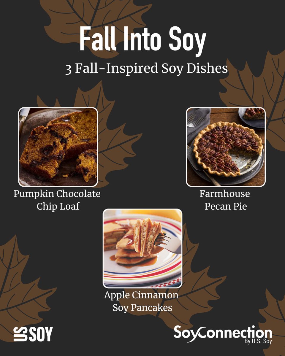 Fall into soy with these cozy recipes from our friends at <a href="/ussoy/">U.S. SOY</a>!
🍂Pumpkin Chocolate Chip Loaf 
🍂Apple Cinnamon Soy Pancakes
🍂Farmhouse Pecan Pie
ussoy.org/food-lifestyle…
#SoyConnection #USSoy #soy #recipes #fall