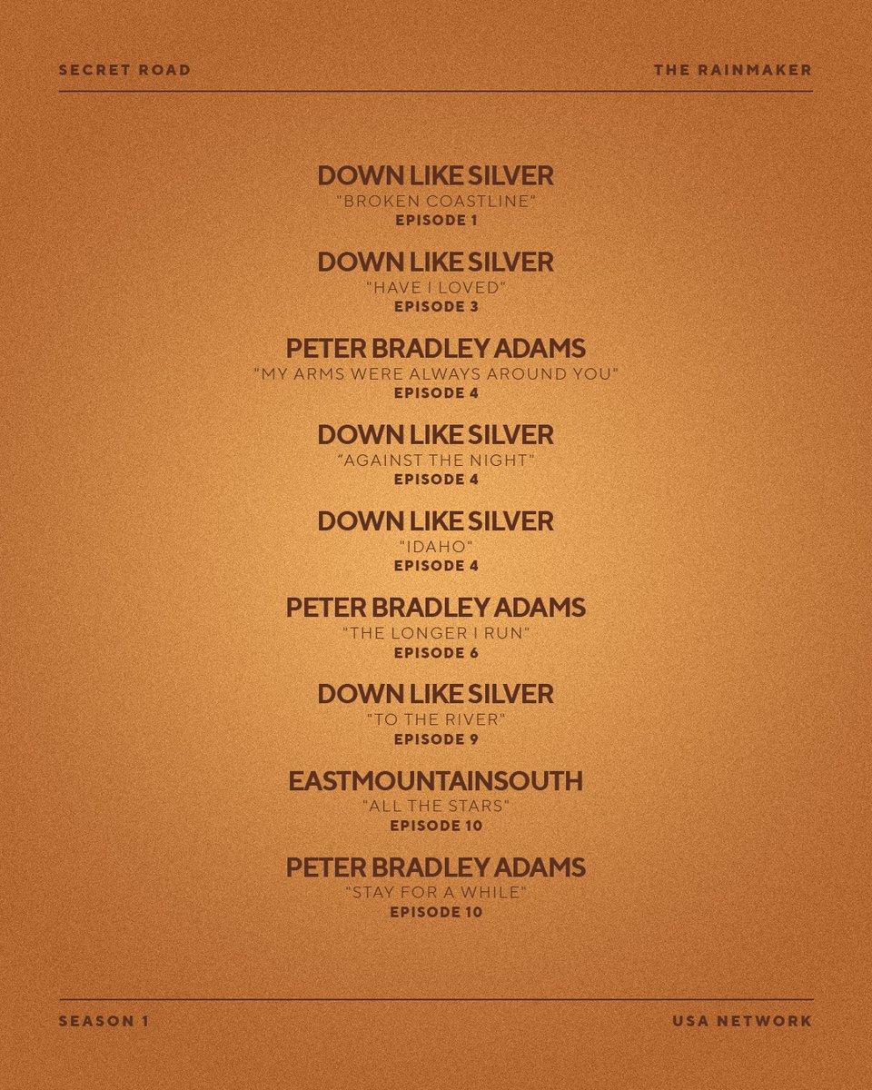 Down Like Silver, Peter Bradley Adams, and Eastmountainsouth are featured in USA Network's #TheRainmaker! Swipe for a full list of songs, stream season 1 on Peacock, and listen to the official playlist on Spotify🎶 open.spotify.com/playlist/74hfO…