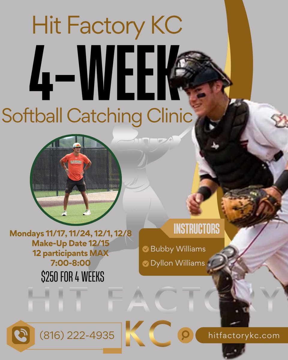 NEW SOFTBALL SESSION ADDED to 4-Week Catching Clinic coming November!!

Our month long clinic will run every Monday from November 17th through December 8th (make up date on December 15th) from 7:00-8:00.

We are excited to bring a new version of our catching clinic with softball