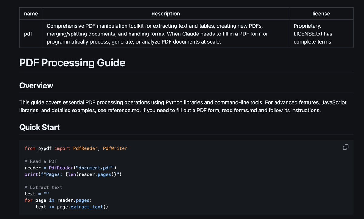 jerryjliu0's tweet image. Claude skills give coding agents the ability to automate knowledge work over docs 🛠️📑
I took a look at the PDF skill and it is surprisingly quite simplistic 🤔:
1. Use PyPDF for parsing
2. Use reportlab for pdf generation - which is cool, have been meaning to play around with…